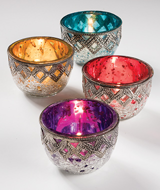 Crackle glass tealight holder with metal
