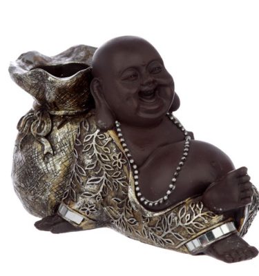 Brown and Silver Chinese Laughing Buddha Tea Light Candle Holder